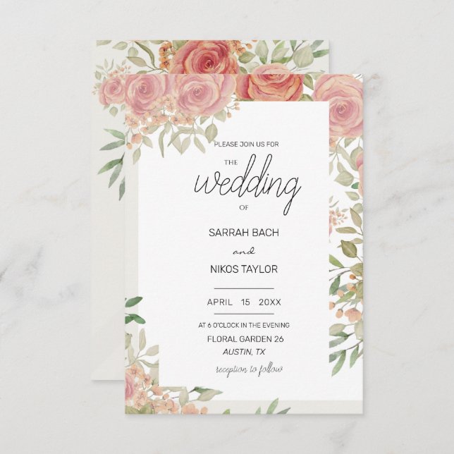  rosa ros bussfärgkonst inbjudningar (Fram/baksida)