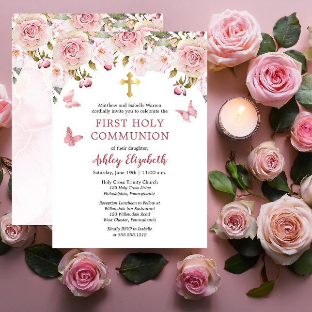 Rosa ros Butterflies Blommigt First Heliga Communi Inbjudningar (Elegant Pink Roses and Butterflies Floral First Holy Communion Invitation - Print | Digital Download)
