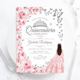  Rosa ros Butterflies Blommigt Quinceanera Inbjudningar