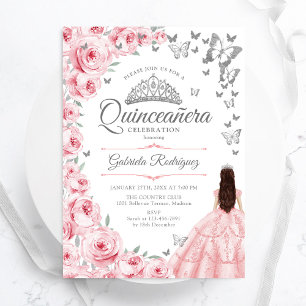 Rosa ros Butterflies Blommigt Quinceanera Inbjudningar