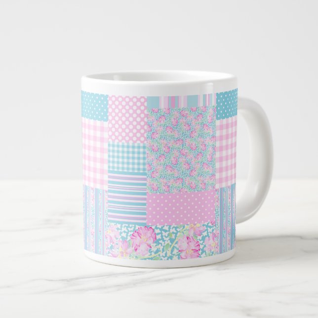 Rosa ros, Butterflies Faux Patchwork Jumbo Mugg (Framsida höger)