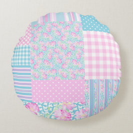 Rosa ros Butterflies Faux Patchwork Round Pillow Rund Kudde