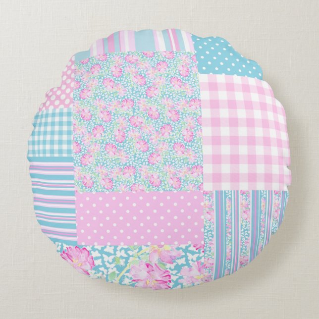 Rosa ros Butterflies Faux Patchwork Round Pillow Rund Kudde (Framsidan)
