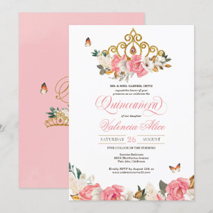 Rosa ros Butterflies Quinceanera Guld Tiara Inbjudningar