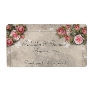 Rosa ros & Butterflies Vin / Vattenflaska etikett Fraktsedel