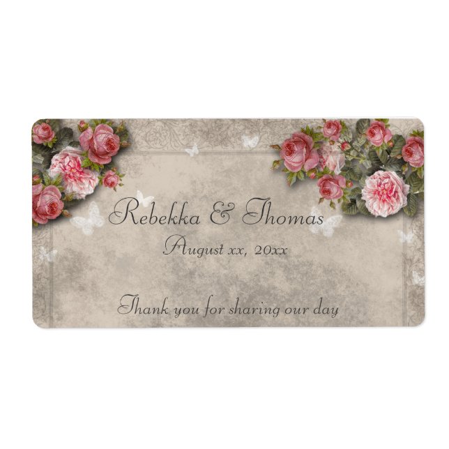 Rosa ros & Butterflies Vin / Vattenflaska etikett Fraktsedel (Framsidan)