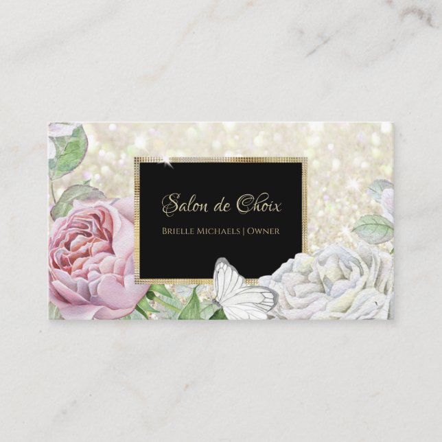 Rosa ros Butterfly Glitter Black och Guld Script Visitkort (Framsida)