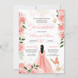 Rosa ros Butterfly Mariposa Quinceanera Blommigt Inbjudningar
