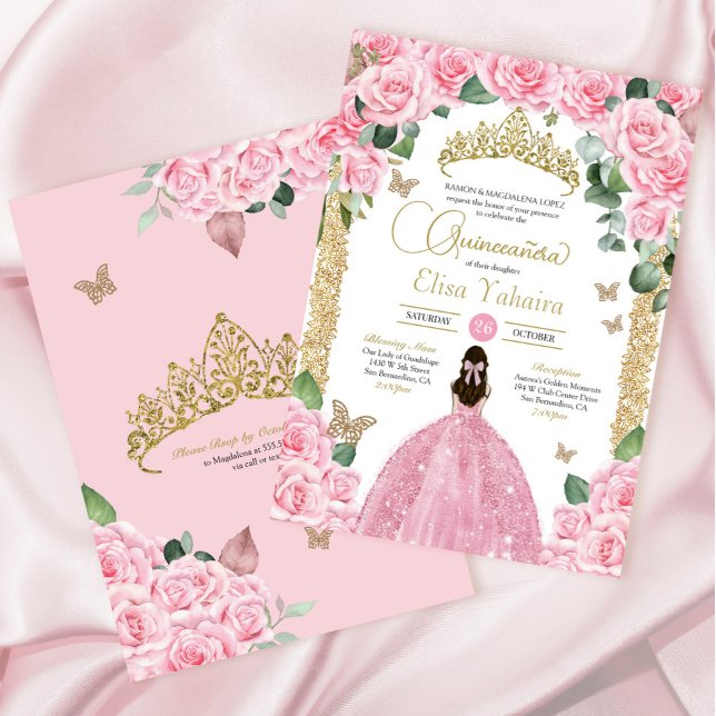 Rosa ros Butterfly Princess Dress Quinceanera Inbjudningar (Skapare uppladdad)