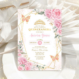 Rosa ros Butterfly Quinceañera Guld Geometric in Inbjudningar