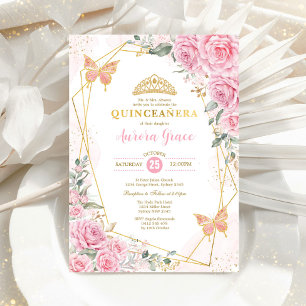 Rosa ros Butterfly Quinceañera Guld Geometric in Inbjudningar