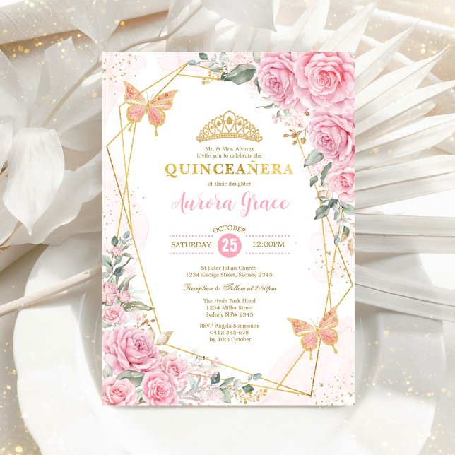 Rosa ros Butterfly Quinceañera Guld Geometric in Inbjudningar (Skapare uppladdad)