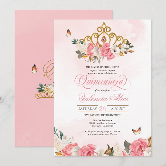 Rosa ros Butterfly Quinceanera Guld Tiara Inbjudningar (Fram/baksida)