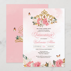 Rosa ros Butterfly Quinceanera Guld Tiara Inbjudningar