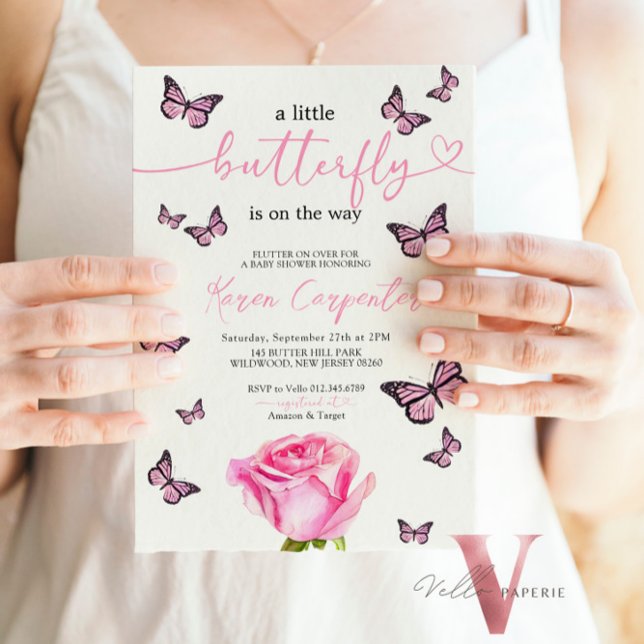 Rosa ros Butterfly Watercolor Baby Shower Inbjudningar (Skapare uppladdad)