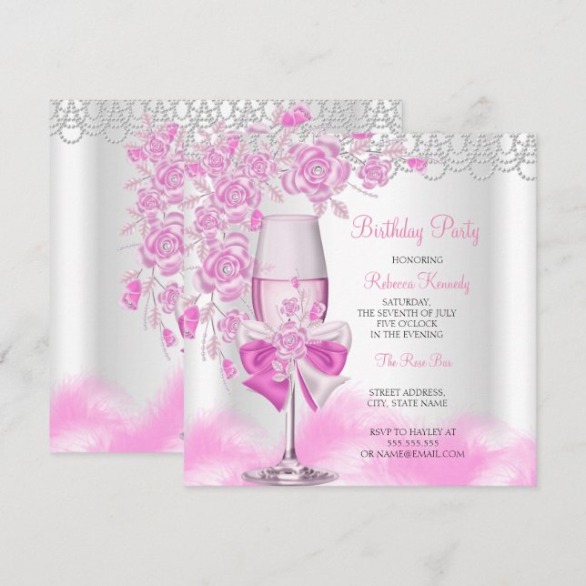 Rosa Ros Champagne Vit Födelsedagsfest Inbjudningar (Fram/baksida)