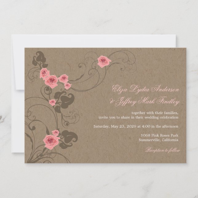 Rosa ros Chic Blommigt  Kraft Rustic bröllopsinbju Inbjudningar (Framsida)