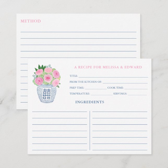 Rosa ros Chinoiserie Möhippa Recept Card Inbjudningar (Fram/baksida)