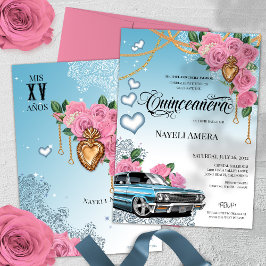 Rosa ros Classic Blue Lowrider Chola Quinceanera Inbjudningar