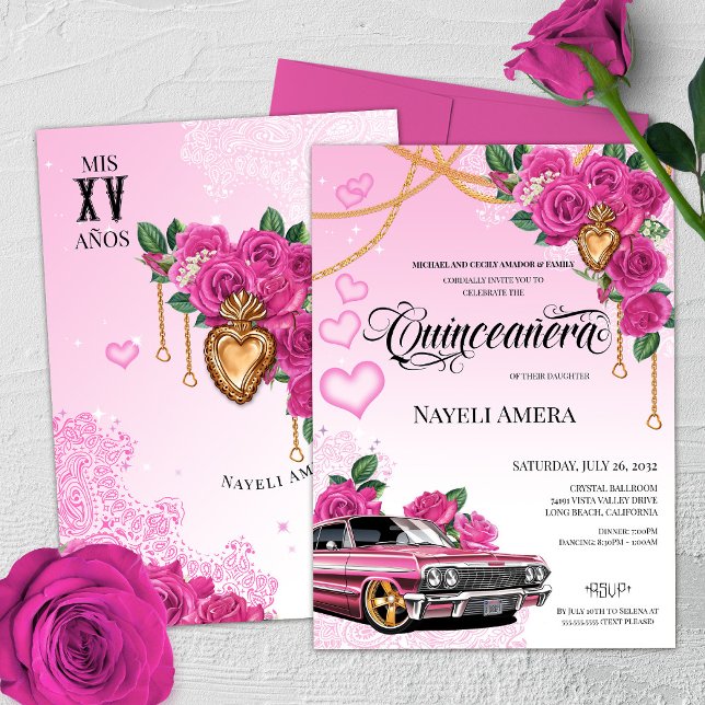 Rosa ros Corazon de Milagros Lowrider Quinceanera Inbjudningar (Skapare uppladdad)