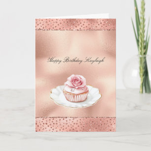 Rosa Ros Cupcake Guld Glam Glitter Födelsedag   Kort