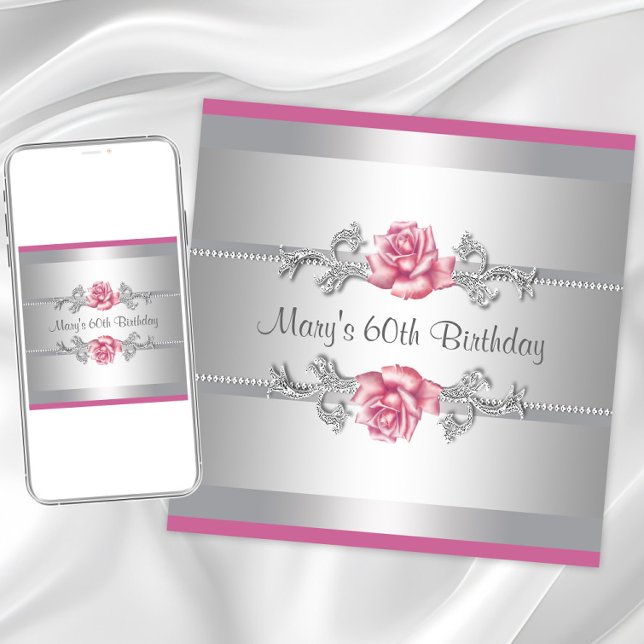 Rosa ros Dam födelsedagsfest Inbjudningar (Pink rose any birthday pr event invitation. Instant download and printed invitations available.)
