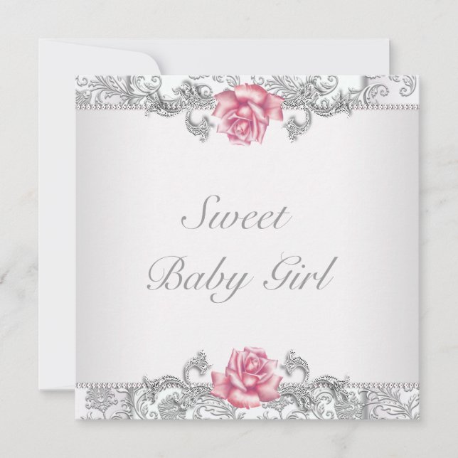 Rosa Ros Damask Babyflicka Babyshower Inbjudningar (Framsida)