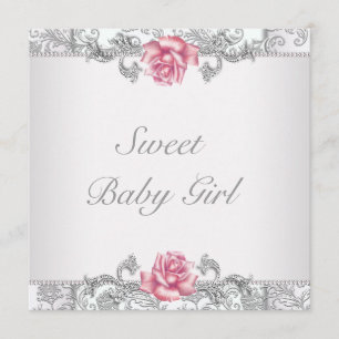 Rosa Ros Damask Babyflicka Babyshower Inbjudningar