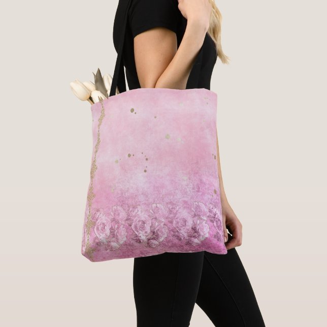 Rosa ros Damask Grunge - Tote Bag Tygkasse (Närbild)