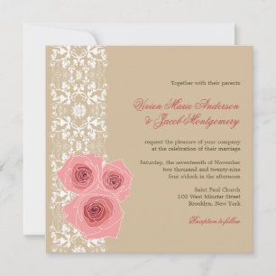 Rosa ros Damask Snöre bröllopsinbjudan och mottagn Inbjudningar