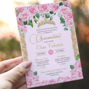 Rosa ros Decorative Guld Elegant Quinceañera Inbjudningar