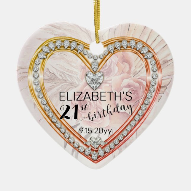 rosa ros |Diamanter 21:a födelsedagen Keepsaké Orn Julgransprydnad Keramik (Framsidan)