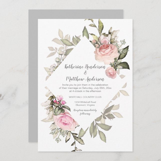  Rosa ros Diamond Shape Ram Inbjudningar (Fram/baksida)