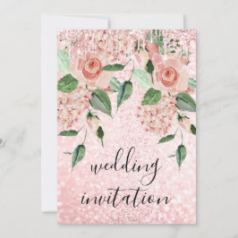 Rosa ros Drives Glitter Blommigt Mint Grönt Bröllo Inbjudningar