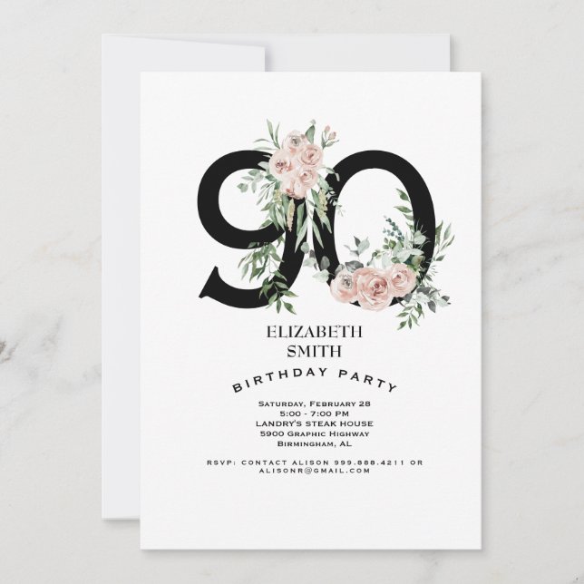 Rosa ros Elegant 90:e vita Födelsedagsfesten Inbjudningar (Framsida)