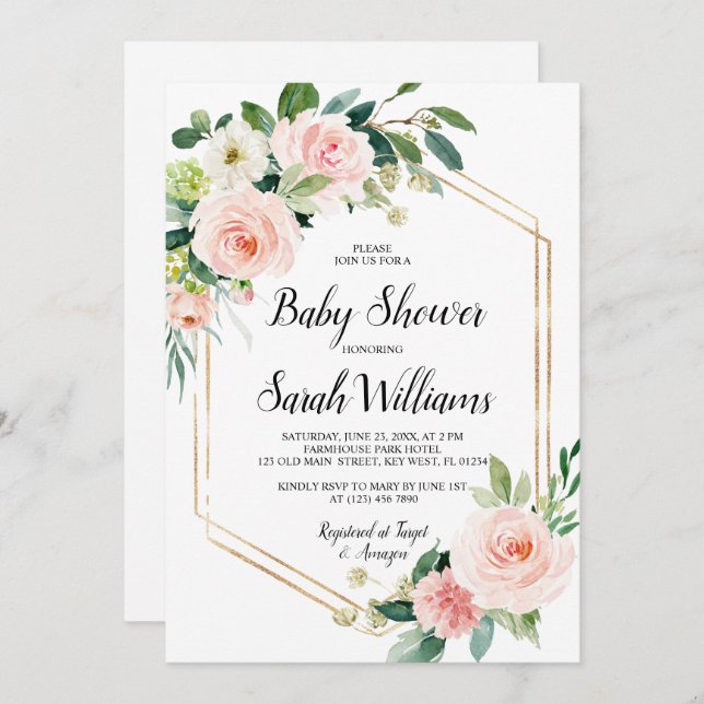  Rosa ros Elegant Baby Shower Inbjudningar (Fram/baksida)