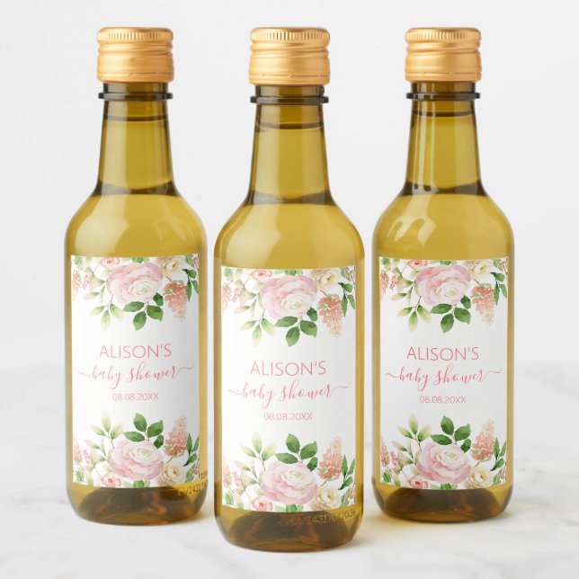 Rosa Ros Elegant Blommig Flicka Baby Shower Mini Vinetikett (Flaskor)