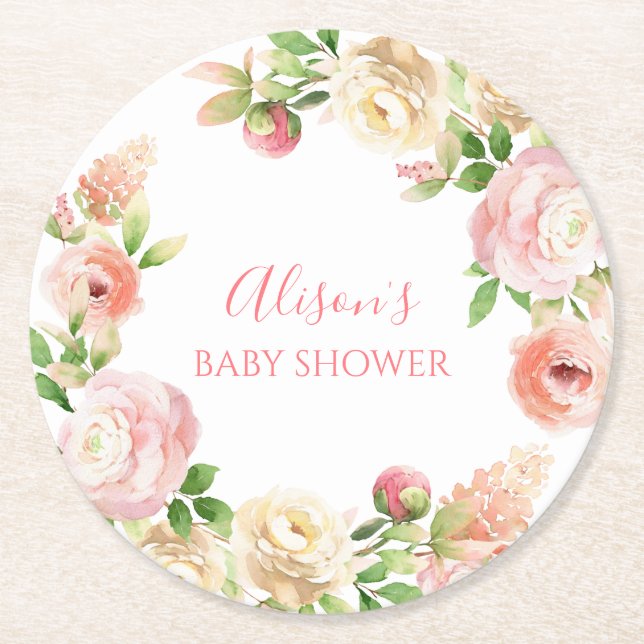 Rosa Ros Elegant Blommig Flickbabyfirande Underlägg Papper Rund (Framsidan)