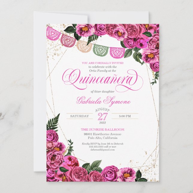 Rosa ros Elegant Fiesta Blommigt Quinceañera Inbjudningar (Framsida)