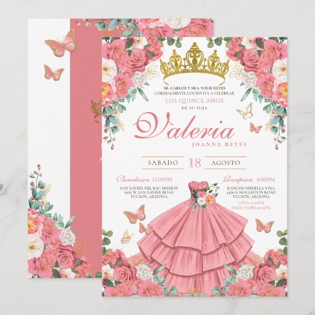 Rosa ros Elegant Princess Butterfly Quinceanera Inbjudningar (Fram/baksida)