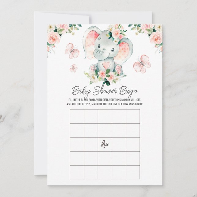 Rosa ros Elephant Baby Namn Baby Shower Bingo Inbjudningar (Framsida)