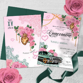 Rosa ros Emerald Grönt Chola Lowrider Quinceanera Inbjudningar