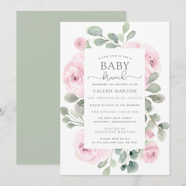 Rosa ros Eucalyptus Baby Brunch Inbjudningar (Fram/baksida)