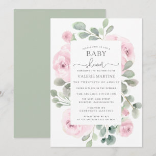 Rosa ros Eucalyptus Botanical Baby Shower Inbjudningar