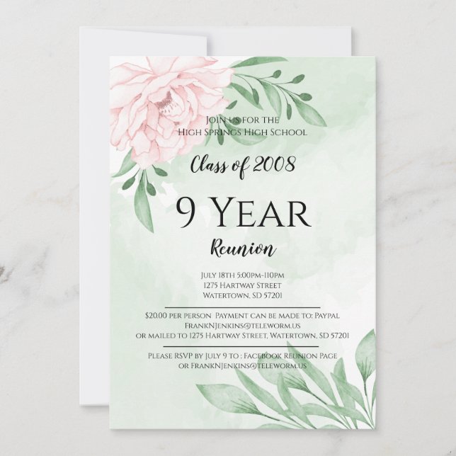rosa ros Eucalyptus Foliage High School Reunion Inbjudningar (Framsida)