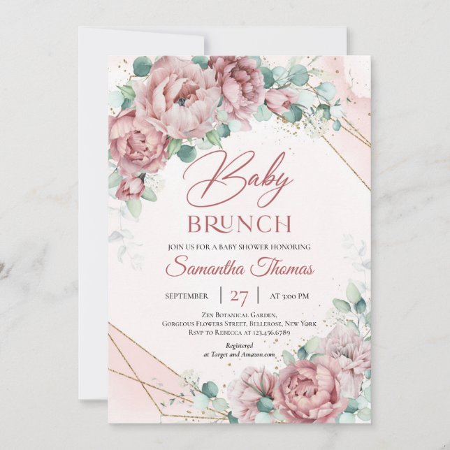  rosa ros eucalyptus guld ram baby brunch inbjudningar (Framsida)