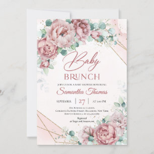 rosa ros eucalyptus guld ram baby brunch inbjudningar
