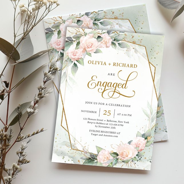  rosa ros eucalyptus guld ram förlovning inbjudningar (Modern watercolor pale pink roses mixed eucalyptus and gold frame engagement invitation digital)