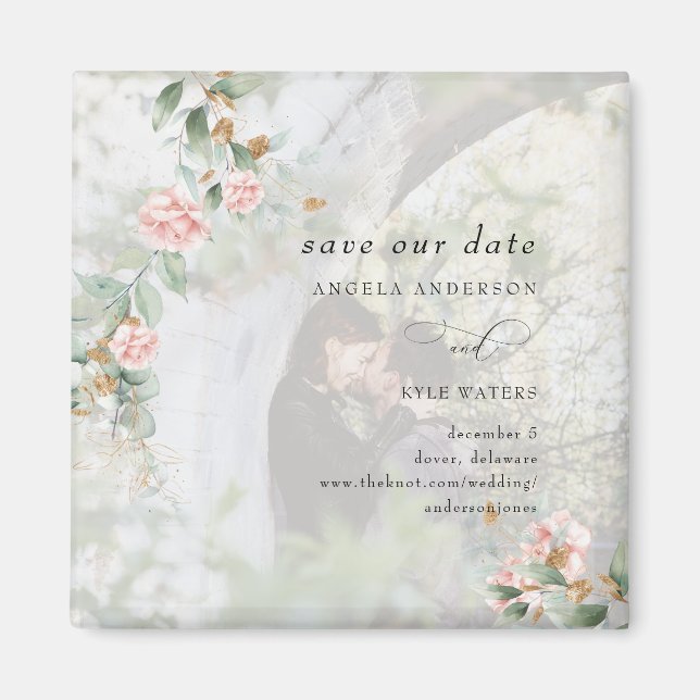 Rosa ros Eucalyptus Photo Save Date Magnet (Framsidan)