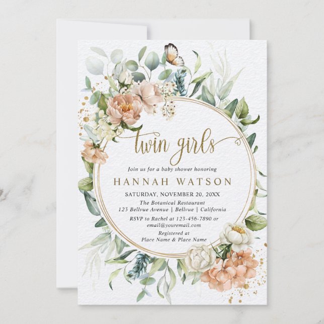  Rosa ros Eucalyptus Twin Girls Baby Shower Inbjudningar (Framsida)